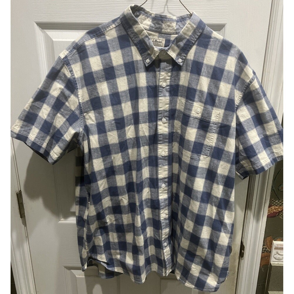 LL Bean Blue and White Plaid Traditional Fit Chambray Shirt Size XL 514024
